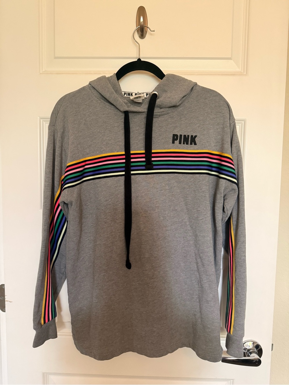 Victoria's Secret PINK Gray Zip-Up Hoodie with Rainbow Stripes